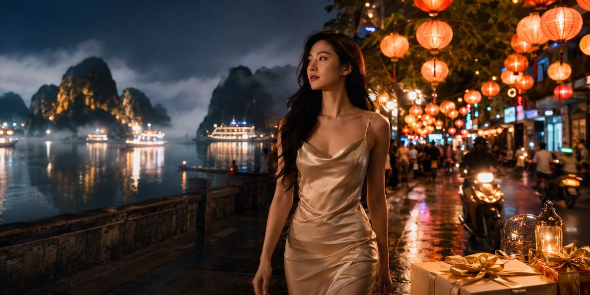 Cảnh vịnh Hạ Long về đêm với người chơi đang trải nghiệm live casino và đặt cược hạng sang trên thiết bị di động